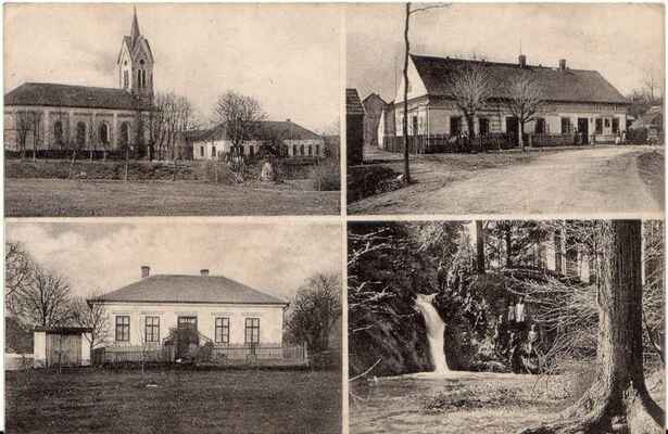 kostel se školou, původní stavení hospody, fara, vodopád na Hološinách